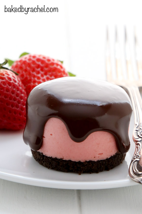 No bake mini strawberry cheesecakes with chocolate ganache. Recipe from @bakedbyrachel