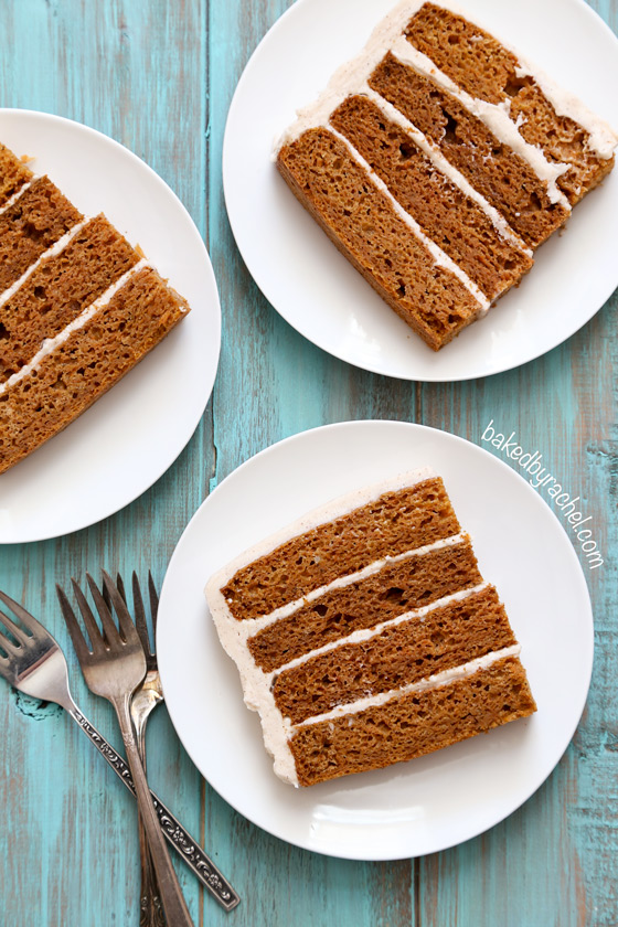 Moist carrot layer cake with cinnamon cream cheese frosting. Made with applesauce! Recipe from @bakedbyrachel