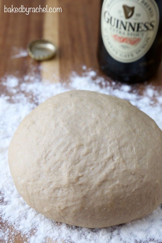 Easy and flavorful homemade Guinness pizza dough recipe from @bakedbyrachel