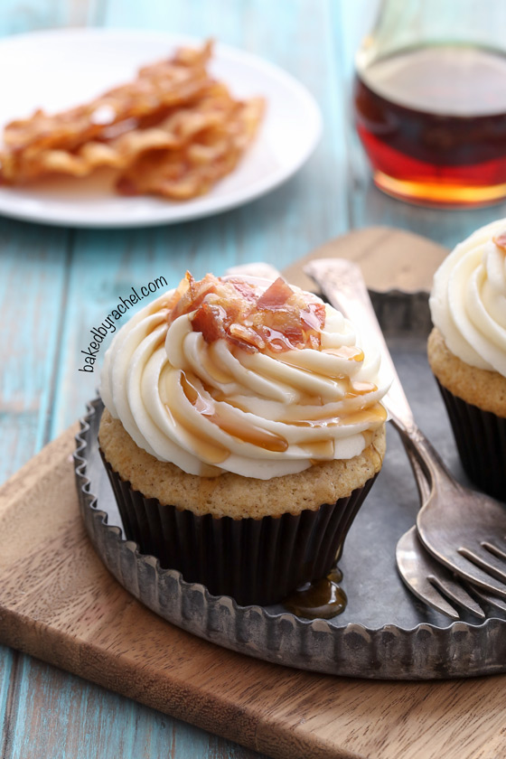 Moist maple bacon French toast cupcakes with maple cream cheese frosting recipe from @bakedbyrachel