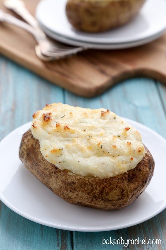 Easy twice baked potatoes with sour cream, cheddar and chives recipe from @bakedbyrachel