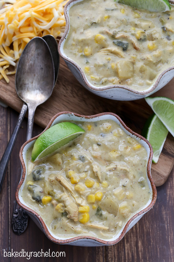 Slow cooker roasted poblano and corn soup recipe from @bakedbyrachel