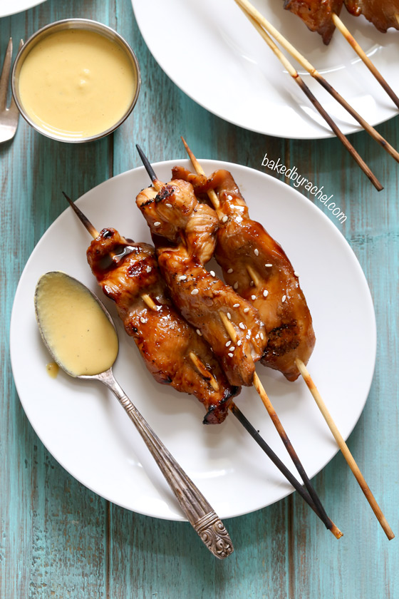 Easy chicken teriyaki skewers with homemade teriyaki sauce recipe from @bakedbyrachel
