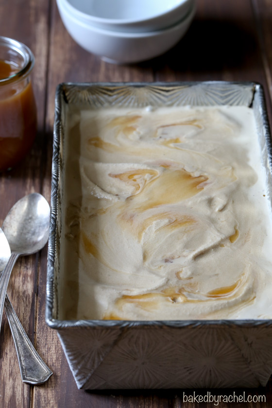 Creamy coffee caramel swirl ice cream recipe from @bakedbyrachel