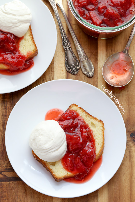 Sour cream pound cake loaf with roasted strawberries and whipped cream recipe from @bakedbyrachel