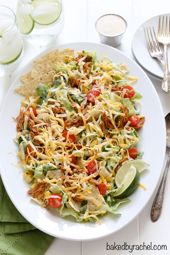 Flavorful chicken enchilada salad with creamy homemade Caesar dressing recipe from @bakedbyrachel