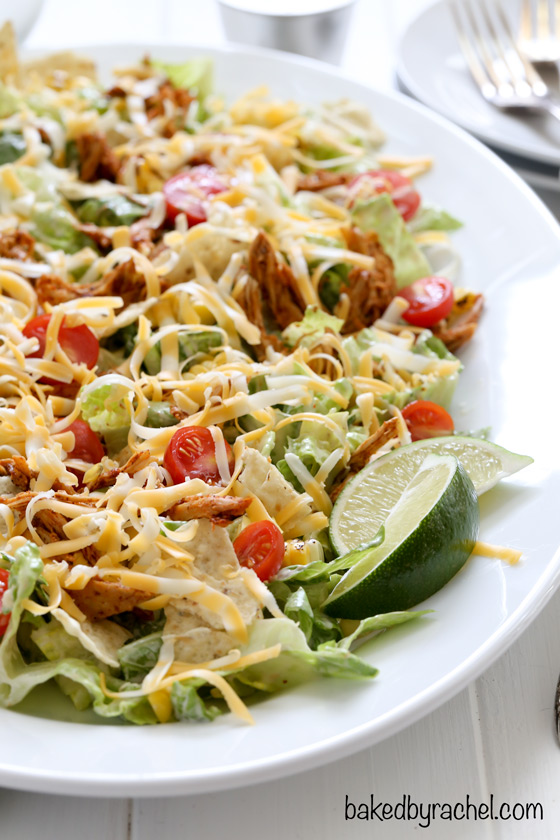 Flavorful chicken enchilada salad with creamy homemade Caesar dressing recipe from @bakedbyrachel