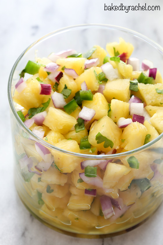 Sweet and spicy pineapple salsa recipe from @bakedbyrachel