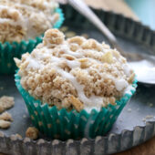 Apple oatmeal crumb muffins with vanilla glaze. Recipe from @bakedbyrachel