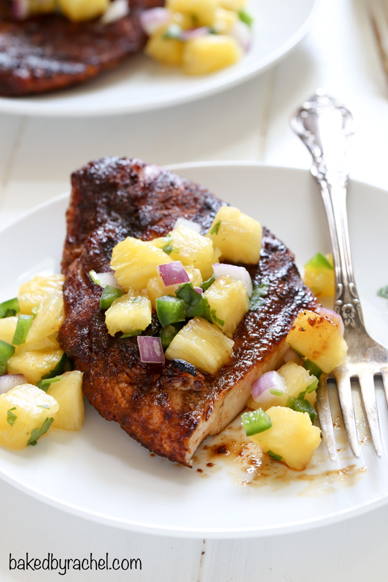 Moist and flavorful barbecue dry rubbed chicken with fresh pineapple salsa. Recipe from @bakedbyrachel