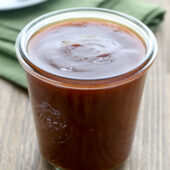 Sweet and spicy apple cider barbecue sauce recipe from @bakedbyrachel