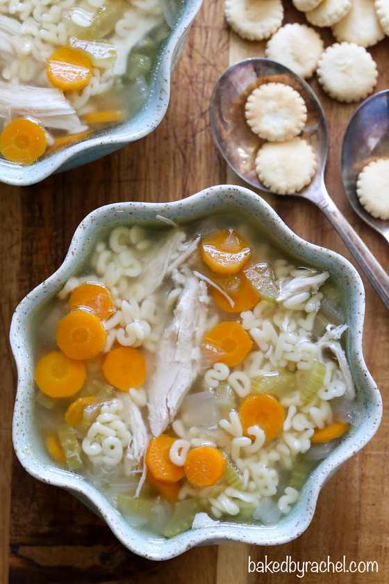 Easy slow cooker alphabet soup with chicken and vegetables. Recipe from @bakedbyrachel