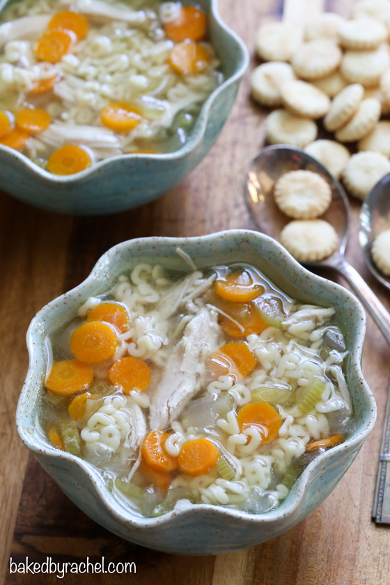 Easy slow cooker alphabet soup with chicken and vegetables. Recipe from @bakedbyrachel