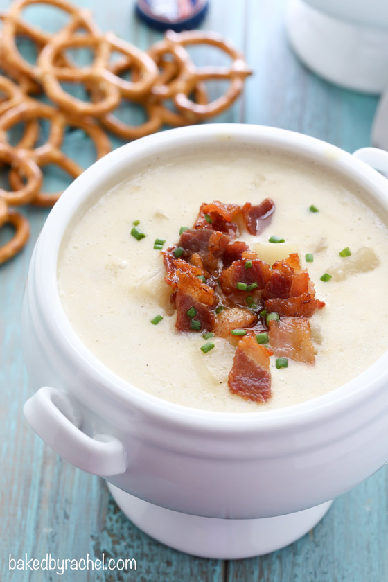 Slow cooker cheesy beer and potato soup recipe from @bakedbyrachel
