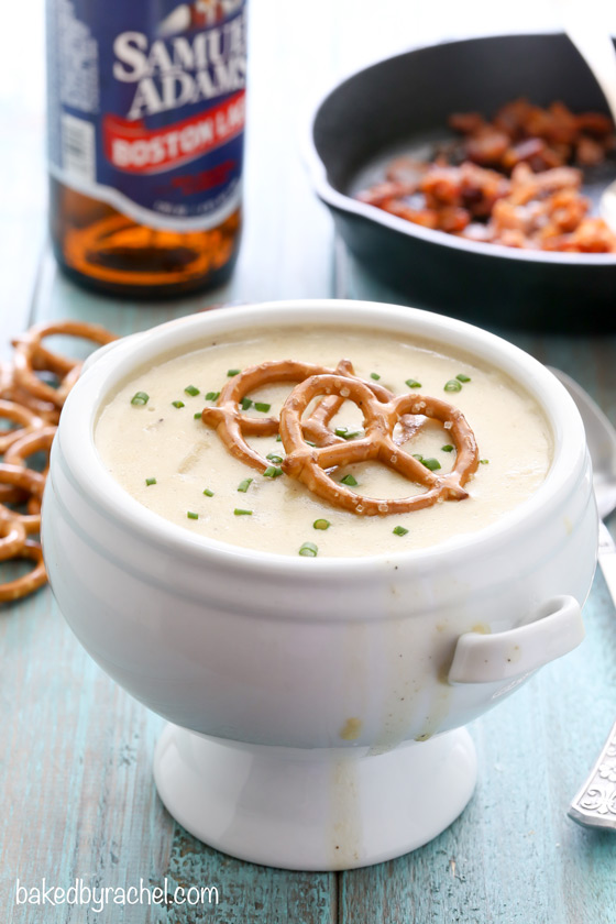Slow cooker cheesy beer and potato soup recipe from @bakedbyrachel