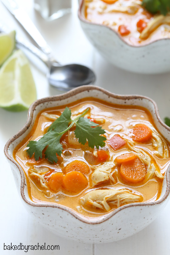 Easy slow cooker coconut lime chicken soup recipe from @bakedbyrachel