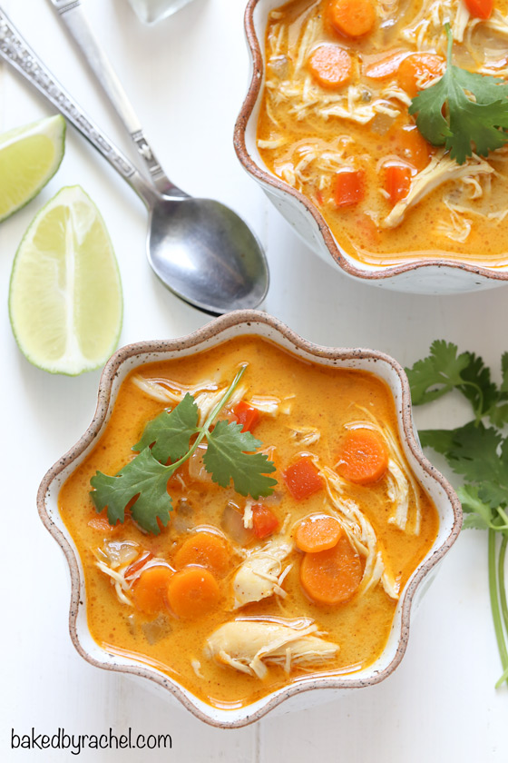 Easy slow cooker coconut lime chicken soup recipe from @bakedbyrachel