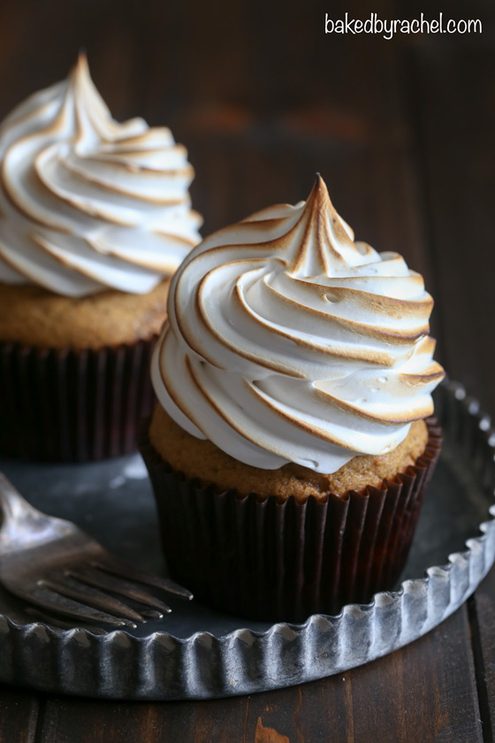 Small batch moist pumpkin cupcakes with brown sugar meringue frosting recipe from @bakedbyrachel
