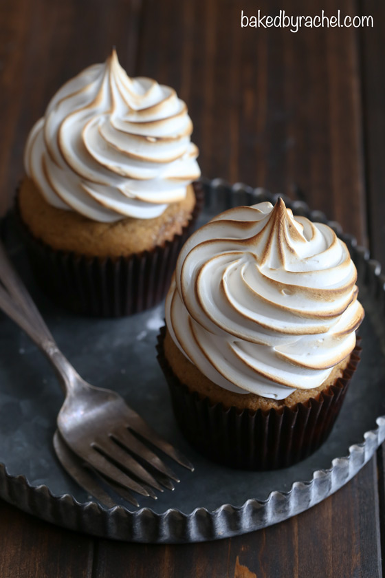 Small batch moist pumpkin cupcakes with brown sugar meringue frosting recipe from @bakedbyrachel