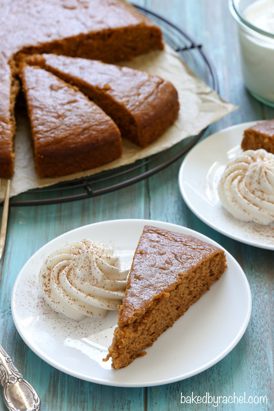 Moist pumpkin snack cake with homemade whipped cream. Recipe from @bakedbyrachel