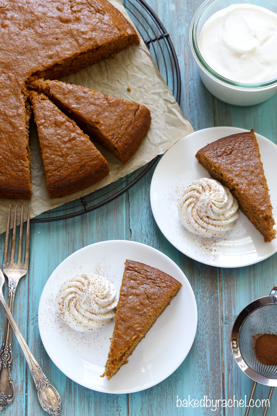 Moist pumpkin snack cake with homemade whipped cream. Recipe from @bakedbyrachel