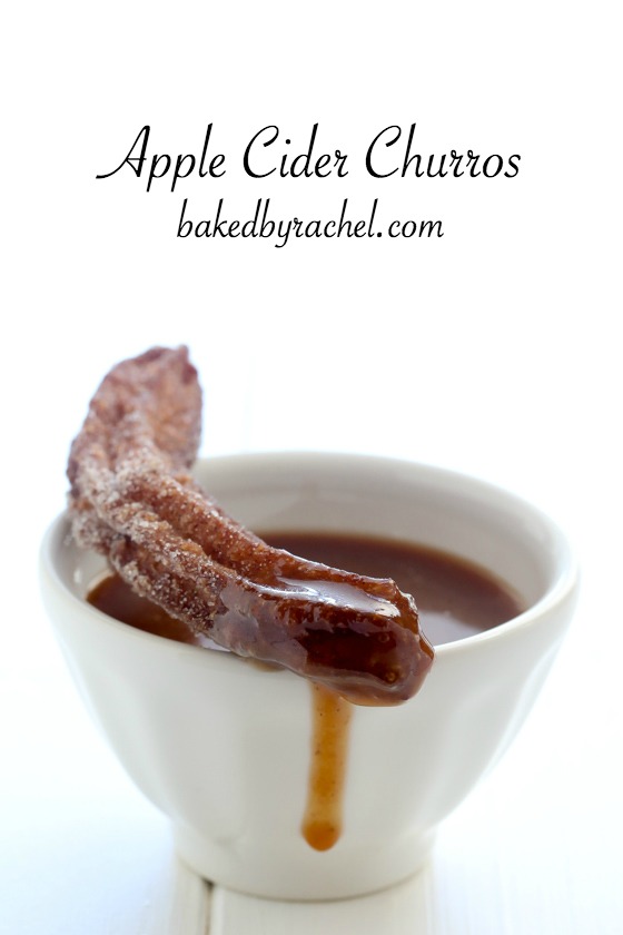 Fried apple cider churros with salted caramel sauce recipe from @bakedbyrachel
