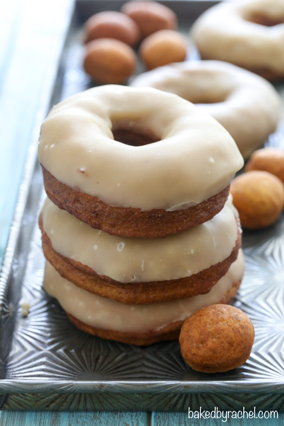 Homemade fried pumpkin yeast donuts with a sweet brown sugar maple glaze recipe from @bakedbyrachel