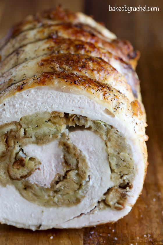 Easy turkey roulade with bread stuffing recipe from @bakedbyrachel A fun alternative for your holiday meal!