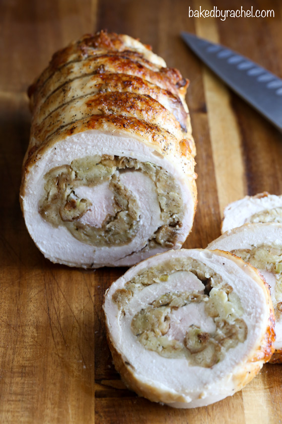 Easy turkey roulade with bread stuffing recipe from @bakedbyrachel A fun alternative for your holiday meal!
