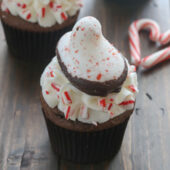 PEEPS chocolate peppermint cupcakes recipe from @bakedbyrachel. A fun holiday dessert!