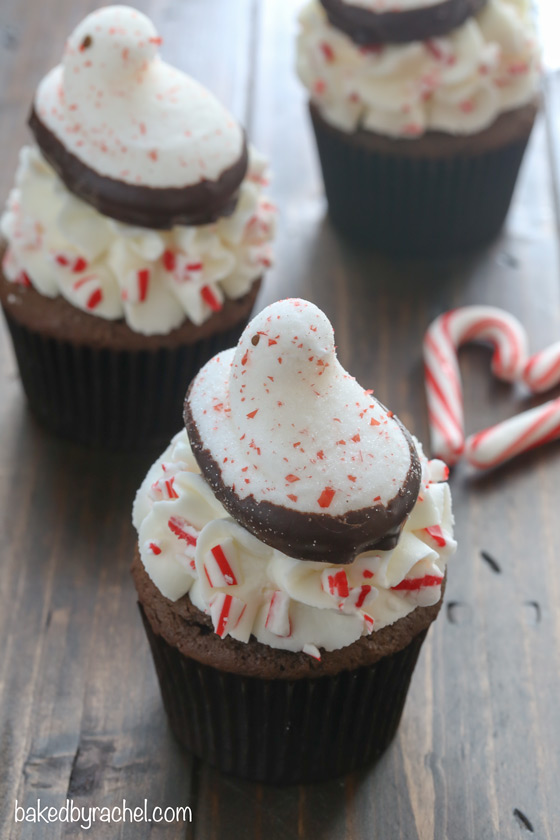 PEEPS® chocolate peppermint cupcakes recipe from @bakedbyrachel. A fun holiday dessert! 