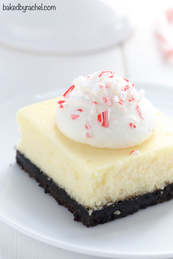 Creamy white chocolate peppermint cheesecake bar recipe from @bakedbyrachel 