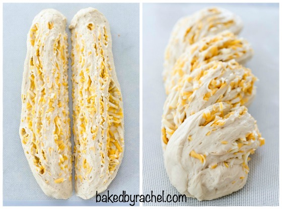 Soft and airy homemade braided cheddar beer bread recipe from @bakedbyrachel