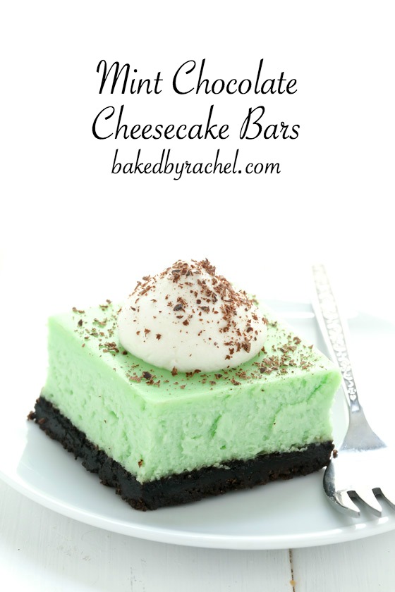 Creamy mint chocolate cheesecake bar recipe from @bakedbyrachel