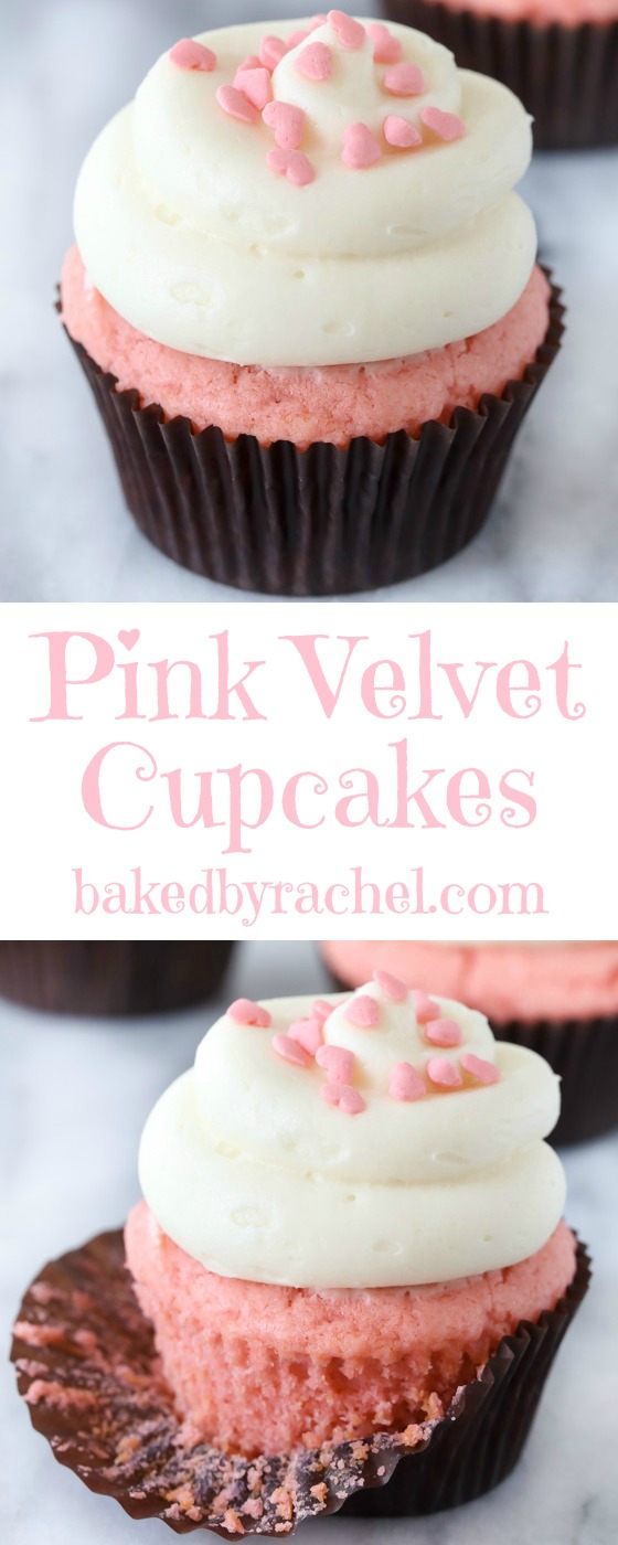 Pink velvet cupcakes with cream cheese frosting recipe from @bakedbyrachel