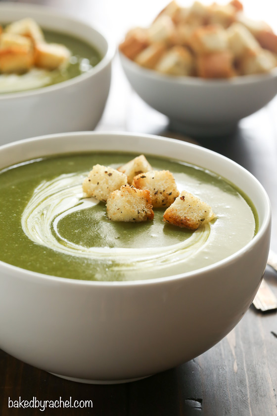 Easy creamy slow cooker broccoli, spinach and potato soup recipe from @bakedbyrachel