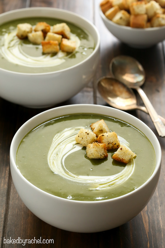 Easy creamy slow cooker broccoli, spinach and potato soup recipe from @bakedbyrachel