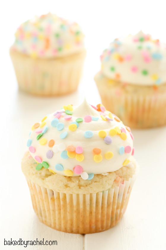 Moist homemade vanilla funfetti cupcakes with creamy vanilla buttercream frosting recipe from @bakedbyrachel