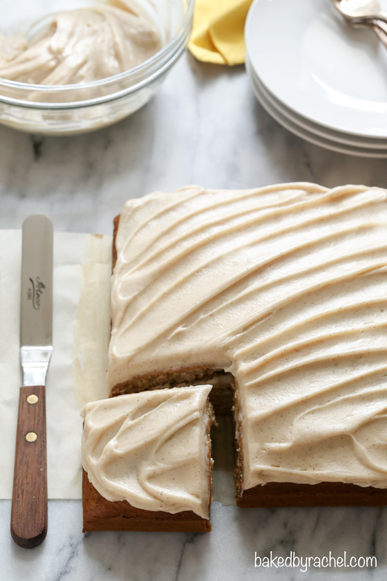 Moist banana cake with cinnamon-brown sugar cream cheese frosting recipe from @bakedbyrachel
