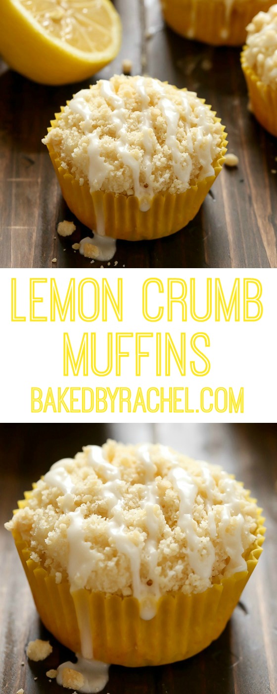Moist and fluffy homemade lemon crumb muffins with a sweet lemon glaze. Recipe from @bakedbyrachel