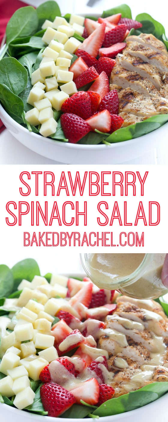 Strawberry spinach salad with grilled chicken and homemade vinaigrette. Recipe from @bakedbyrachel