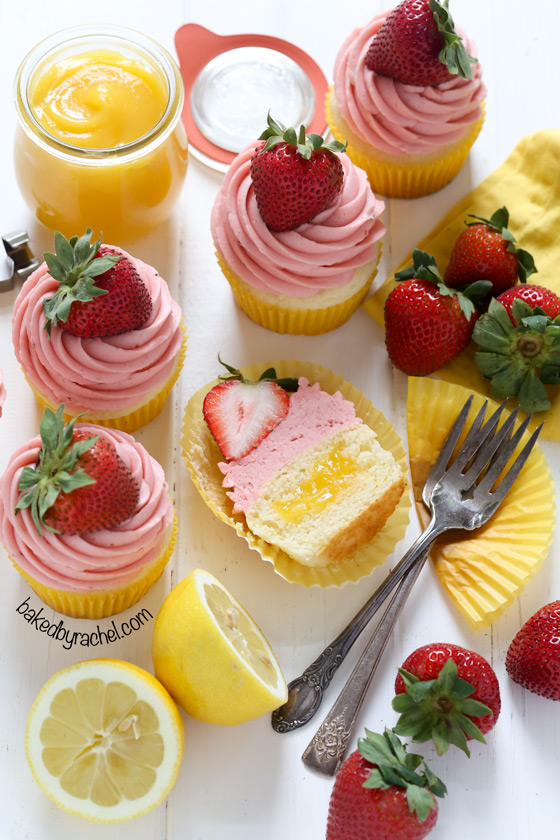 Moist strawberry lemonade cupcakes with lemon curd filling. Recipe from @bakedbyrachel