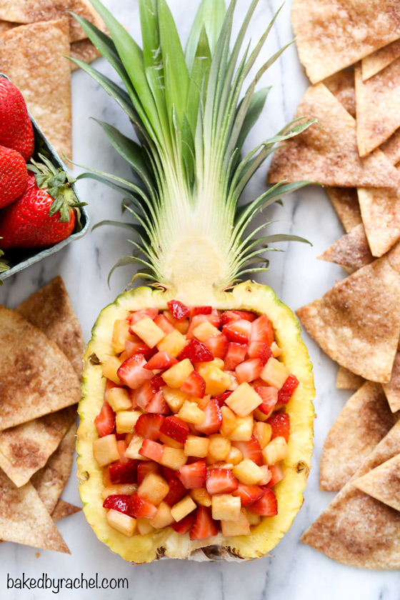 Strawberry pineapple salsa with cinnamon tortilla chips. Recipe from @bakedbyrachel A family friendly snack or appetizer! 