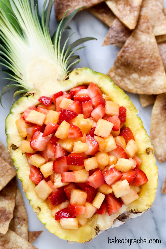 Strawberry pineapple salsa with cinnamon tortilla chips. Recipe from @bakedbyrachel A family friendly snack or appetizer! 