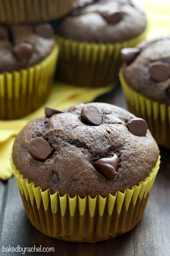 Easy homemade moist double chocolate banana muffin recipe from @bakedbyrachel