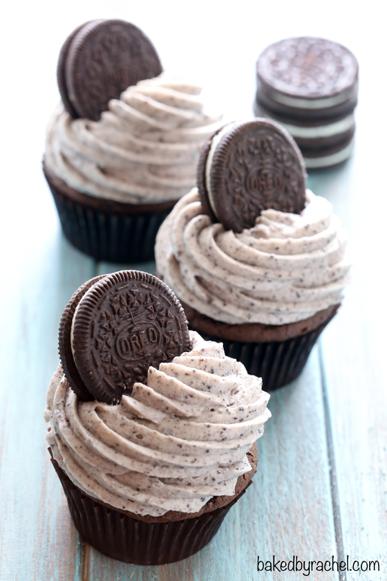 Moist double chocolate cookies and cream cupcakes with cream cheese frosting recipe from @bakedbyrachel