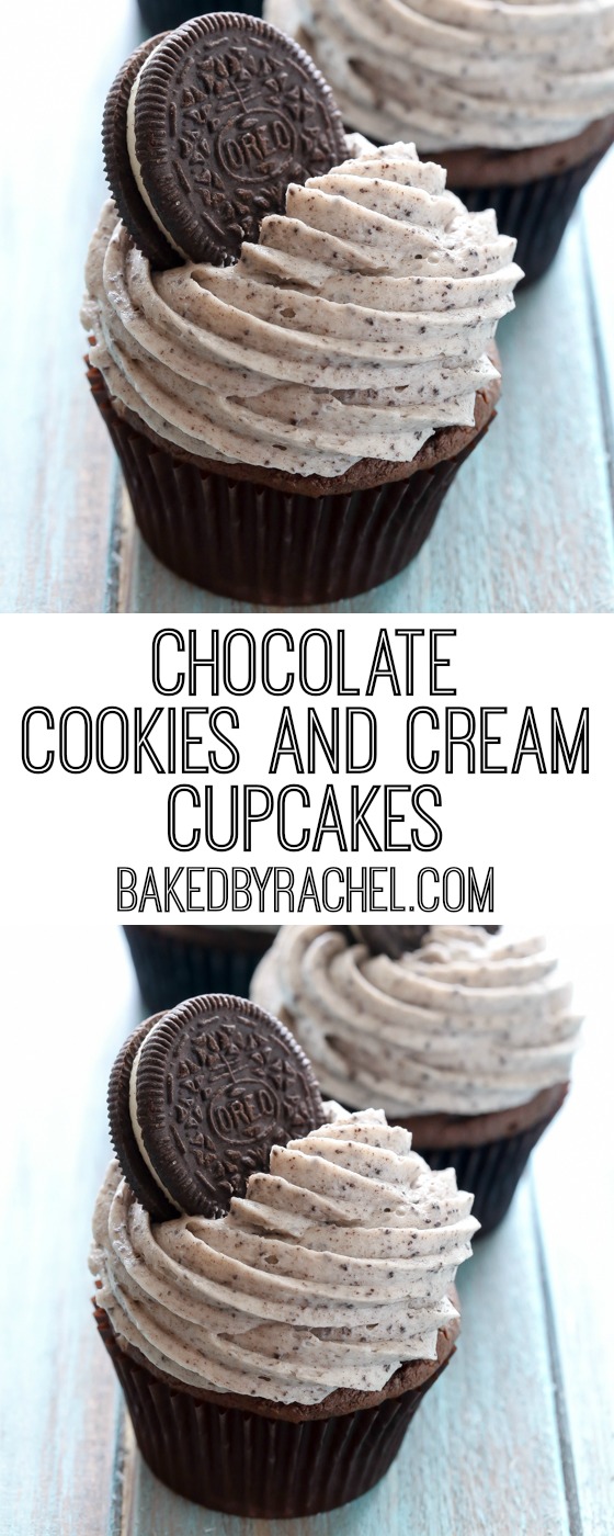 Moist double chocolate cookies and cream cupcakes with cream cheese frosting recipe from @bakedbyrachel