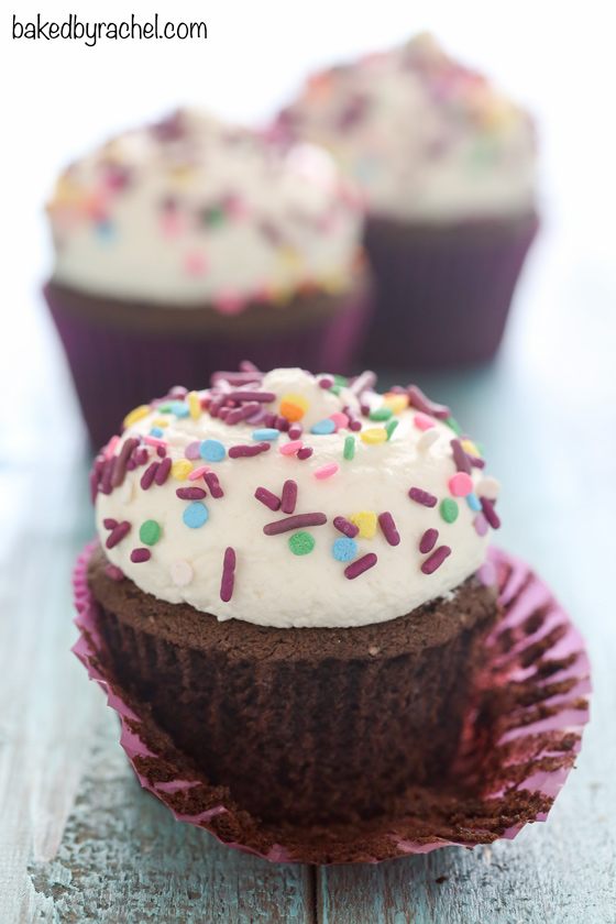 Moist homemade chocolate cupcakes with vanilla buttercream frosting recipe from @bakedbyrachel