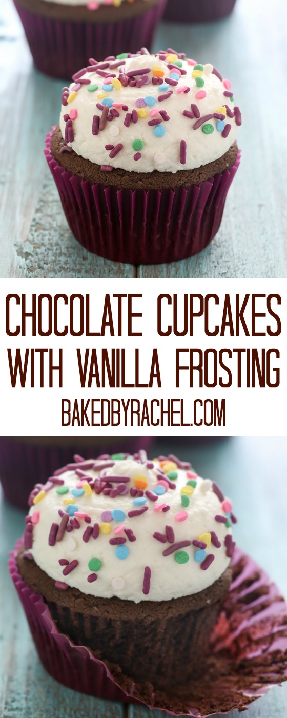 Moist homemade chocolate cupcakes with vanilla buttercream frosting recipe from @bakedbyrachel