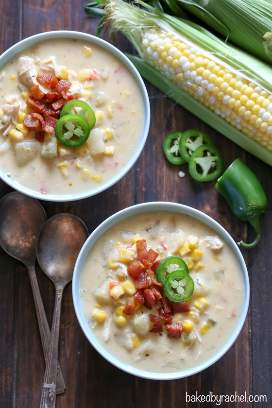 Easy slow cooker chicken and corn chowder recipe from @bakedbyrachel